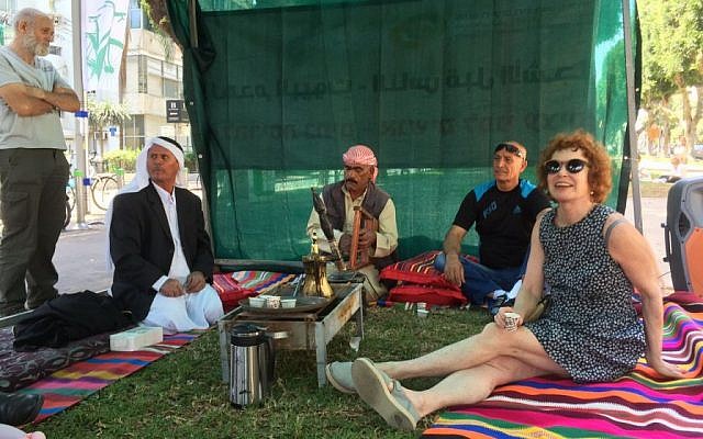 Villagers from Umm al-Hiran sit in a tent on Rothschild Boulevard, Tel Aviv on May 20, 2016. (Courtesy: Arab List Spokesperson) Villagers from Umm al-Hiran sit in a tent on Rothschild Boulevard, Tel Aviv on May 20, 2016. (Courtesy: Arab List Spokesperson)