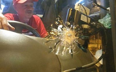 An armored Israeli bus came under Palestinian fire on May 21, 2016 near the Tekoa settlement in the West Bank. No injuries were reported. (Courtesy) An armored Israeli bus came under Palestinian fire on May 21, 2016 near the Tekoa settlement in the West Bank. No injuries were reported. (Courtesy)