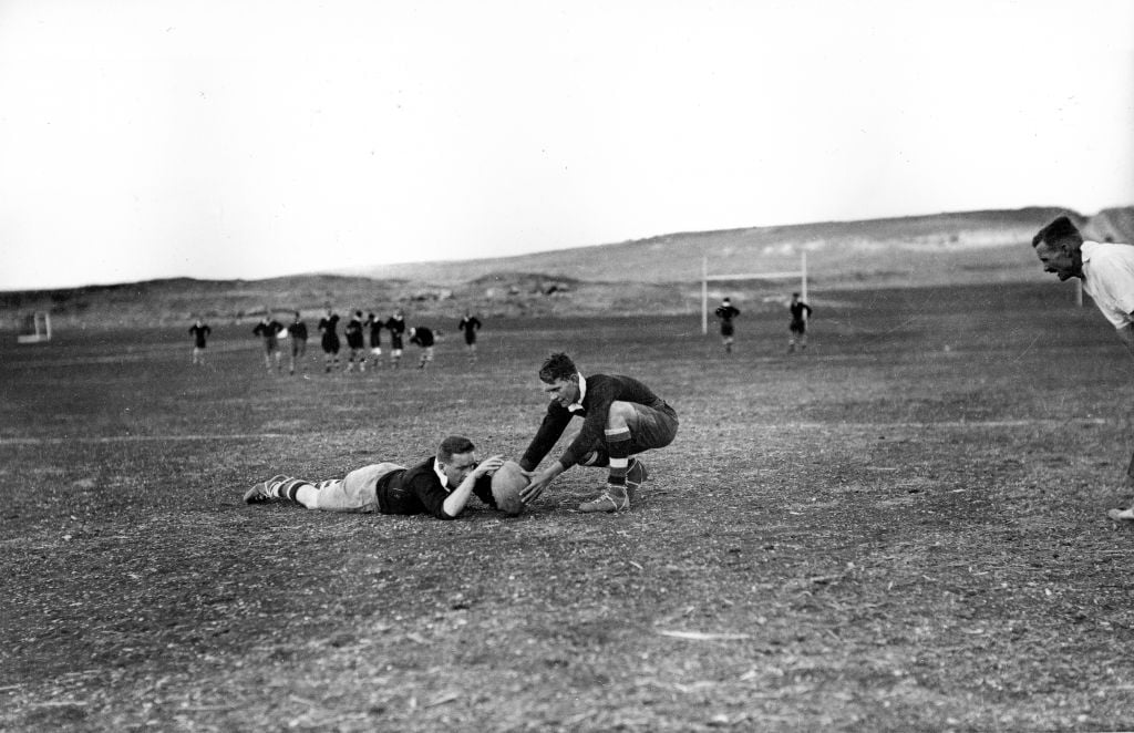 A rugby match between the Jerusalem Police and the Northern Police, circa 1933 (Courtesy Zvi Orushkes/Central Zionist Archives)