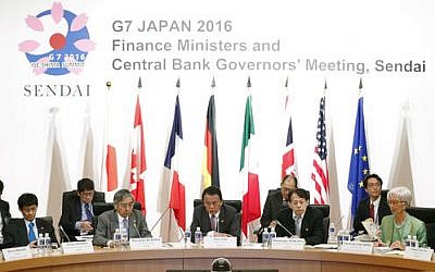 Japanese Finance Minister Taro Aso, center, speaks during a meeting of finance ministers and heads of central banks of the Group of Seven in in Sendai, northern Japan, on May 20, 2016. (Yohei Kanezashi/Kyodo News via AP)