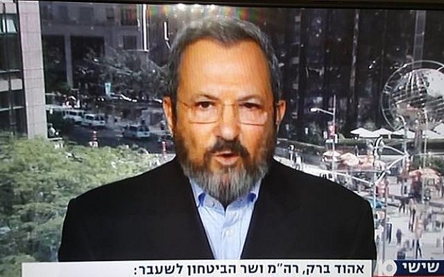 Former prime minister Ehud Barak being interviewed by Channel 10 on May 20, 2016. (Screen capture Channel 10) Former prime minister Ehud Barak being interviewed by Channel 10 on May 20, 2016. (Screen capture Channel 10)