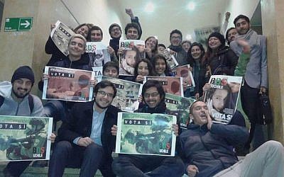 The University of Chile’s Law Faculty Student Union celebrate after students voted to approve a boycott, divestment and sanctions resolution against Israel on April 27, 2016. (Facebook: BDS UChile)