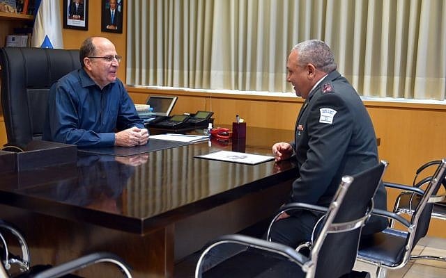 Outgoing Defense Minister Moshe Ya'alon meets with IDF Chief of General Staff Gadi Eisenkot in his Tel Aviv office on Sunday, May 22, 2016 (Ariel Hermoni/Defense Ministry) Outgoing Defense Minister Moshe Ya'alon meets with IDF Chief of General Staff Gadi Eisenkot in his Tel Aviv office on Sunday, May 22, 2016 (Ariel Hermoni/Defense Ministry)