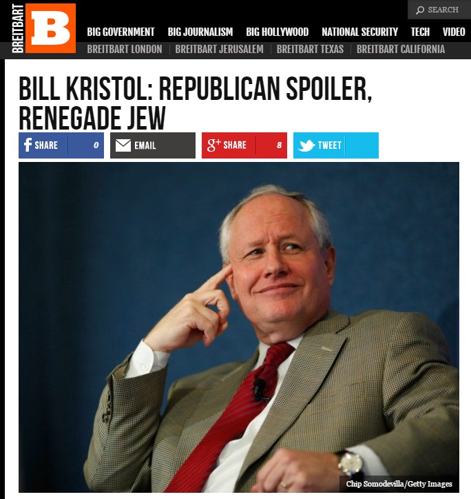 Screen capture of a Breitbart article on May 15, 2016, which brands conservative commentator and Trump critic Bill Kristol a 'renegade Jew' Screen capture of a Breitbart article on May 15, 2016, which brands conservative commentator and Trump critic Bill Kristol a 'renegade Jew'