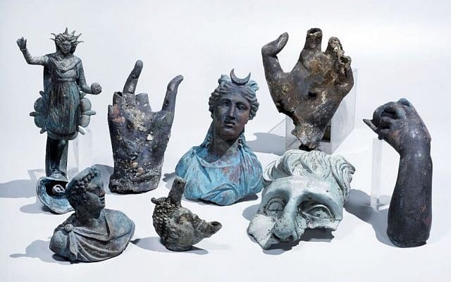 Rare bronze artifacts discovered in at the site of the ancient sea port in Caesarea, Israel, April 2016. (Clara Amit, courtesy of the Israel Antiquities Authority)
