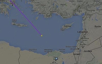 The flight path of EgyptAir flight 804 before it disappeared from radar and crashed into the Mediterranean Sea, on May 19, 2016. (screen capture: Flightradar24.com)