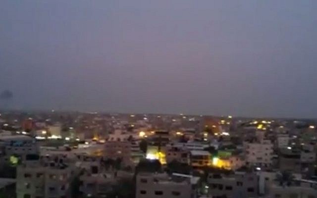 Plumes of smoke after reported Israeli airstrikes on Rafah in the Gaza Strip on May 4, 2016. (screen capture: Twitter/Shehab)