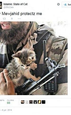Isis promotional image showing a fighter cuddling a kitten. Courtesty Twitter. 