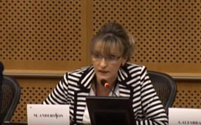 MEP Martina Anderson from Northern Ireland speaks at a meeting organized by the European Parliamentary Group "European United Left/Nordic Green Left" dealing with health issues in the Palestinian territories. (Screen capture: YouTube) MEP Martina Anderson from Northern Ireland speaks at a meeting organized by the European Parliamentary Group "European United Left/Nordic Green Left" dealing with health issues in the Palestinian territories. (Screen capture: YouTube)
