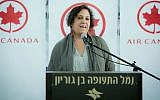Canadian Ambassador to Israel Vivian Bercovici speaks at an event for Air Canada airline, at the Ben Gurion International Airport, August 5, 2014. (Moshe Shai/Flash90)