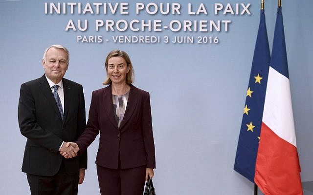European Union High Representative for Foreign Affairs, Federica Mogherini, right, is welcomed by French Foreign minister Jean-Marc Ayrault prior to an international and interministerial meeting in a bid to revive the Israeli-Palestinian peace process, in Paris, on June 3, 2016. (AFP/Pool/Stephane de Sakutin) European Union High Representative for Foreign Affairs, Federica Mogherini, right, is welcomed by French Foreign minister Jean-Marc Ayrault prior to an international and interministerial meeting in a bid to revive the Israeli-Palestinian peace process, in Paris, on June 3, 2016. (AFP/Pool/Stephane de Sakutin)