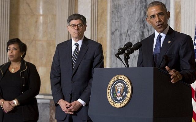 US President Barack Obama speaks alongside Treasury Secretary Jacob Lew ,center, and Attorney General Loretta Lynch following a National Security Council meeting on the Islamic State at the Department of Treasury in Washington, DC, June 14, 2016. AFP/SAUL LOEB) US President Barack Obama speaks alongside Treasury Secretary Jacob Lew ,center, and Attorney General Loretta Lynch following a National Security Council meeting on the Islamic State at the Department of Treasury in Washington, DC, June 14, 2016. AFP/SAUL LOEB)