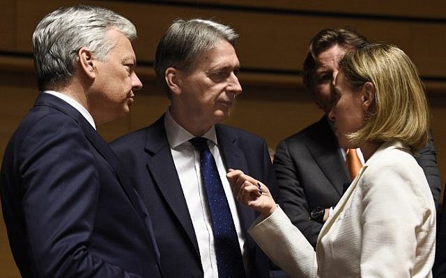 High Representative of the Union for Foreign Affairs and Security Policy Federica Mogherini, right, talks to Belgian Foreign minister Didier Reynders, left and British Foreign Secretary Philip Hammond during a monthly Foreign Affairs meeting in Luxembourg on June 20, 2016. (AFP/ JOHN THYS) High Representative of the Union for Foreign Affairs and Security Policy Federica Mogherini, right, talks to Belgian Foreign minister Didier Reynders, left and British Foreign Secretary Philip Hammond during a monthly Foreign Affairs meeting in Luxembourg on June 20, 2016. (AFP/ JOHN THYS)
