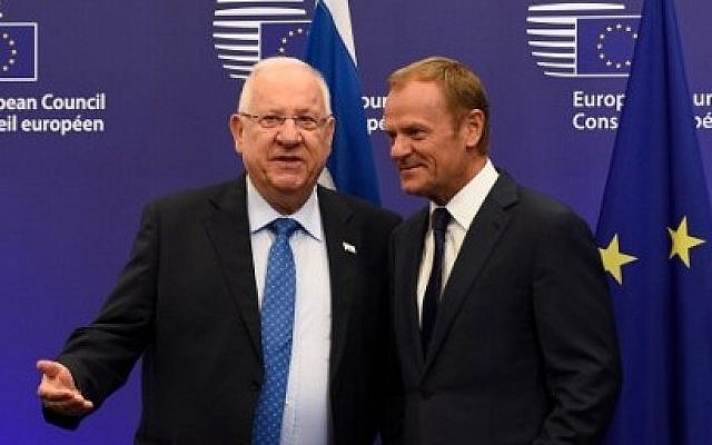 European Union President Donald Tusk, right, welcomes Israeli President President Reuven Rivlin before their meeting at the EU headquarters in Brussels, June 21, 2016. (AFP/JOHN THYS) European Union President Donald Tusk, right, welcomes Israeli President President Reuven Rivlin before their meeting at the EU headquarters in Brussels, June 21, 2016. (AFP/JOHN THYS)