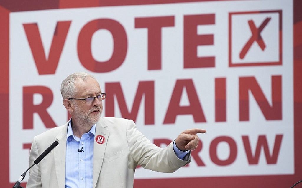 Opposition Labour party leader Jeremy Corbyn speaks at a rally in favor of remaining in the EU in central london on June 22, 2016.(AFP PHOTO / NIKLAS HALLE'N)
