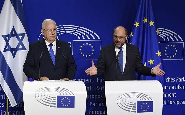 President Reuven Rivlin listens as President of the European Union Parliament Martin Schulz speaks during a joint press conference, after a session of the EU Parliament in Brussels, June 22, 2016. (AFP PHOTO / JOHN THYS) President Reuven Rivlin listens as President of the European Union Parliament Martin Schulz speaks during a joint press conference, after a session of the EU Parliament in Brussels, June 22, 2016. (AFP PHOTO / JOHN THYS)