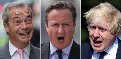A combination of pictures created on June 22, 2016 shows Brexit campaigners UK Independence Party (UKIP) party leader Nigel Farage (L) arriving to speak on the EU referendum in central London on June 3, 2016 and Vote Leave's former London Mayor Boris Johnson (R) on a campaign visit in Piercebridge, near Darlington, north-east England on June 22, 2016, flanking British Prime Minister and remain campaigner David Cameron (C) delivering a speech on the upcoming EU referendum at the Savoy Place in London on June 7, 2016. (AFP PHOTO / DANIEL LEAL-OLIVAS AND Scott Heppell) A combination of pictures created on June 22, 2016 shows Brexit campaigners UK Independence Party (UKIP) party leader Nigel Farage (L) arriving to speak on the EU referendum in central London on June 3, 2016 and Vote Leave's former London Mayor Boris Johnson (R) on a campaign visit in Piercebridge, near Darlington, north-east England on June 22, 2016, flanking British Prime Minister and remain campaigner David Cameron (C) delivering a speech on the upcoming EU referendum at the Savoy Place in London on June 7, 2016. (AFP PHOTO / DANIEL LEAL-OLIVAS AND Scott Heppell)