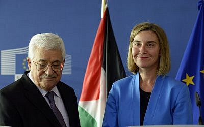 European Union High Representative for Foreign Affairs and Security Policy Federica Mogherini and President of the Palestinian National Authority Mahmud Abbas (L) address the media after a meeting at the European Union Commission headquarters in Brussels on June 22, 2016.(AFP PHOTO / THIERRY CHARLIER)