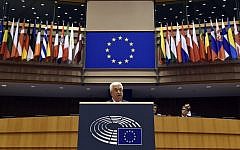 President of the Palestinian Authority Mahmoud Abbas delivers a speech at the European Union Parliament in Brussels on June 23, 2016. (AFP / JOHN THYS)