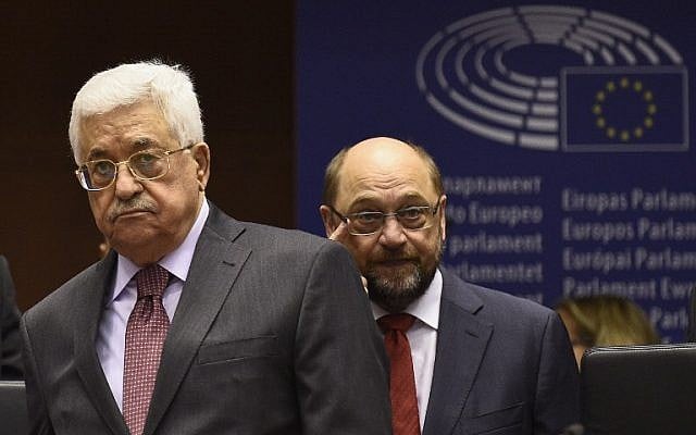 European Parliament President Martin Schulz (R) arrives with Palestinian Authority President Mahmoud Abbas (L) at the European Union Parliament in Brussels on June 23, 2016. (AFP PHOTO / JOHN THYS) European Parliament President Martin Schulz (R) arrives with Palestinian Authority President Mahmoud Abbas (L) at the European Union Parliament in Brussels on June 23, 2016. (AFP PHOTO / JOHN THYS)