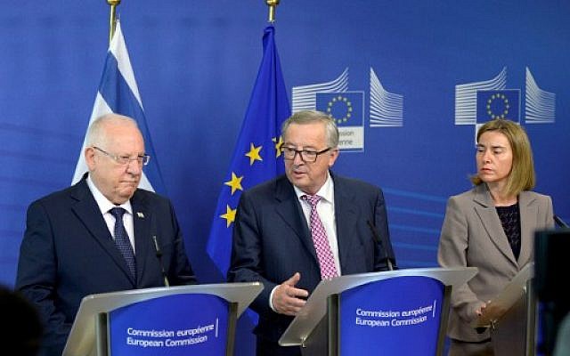 President of the European Union Commission Jean-Claude Juncker, center, President of Israel Reuven Rivlin, left, and European Union High Representative for Foreign Affairs and Security Policy Federica Mogherini following a meeting at the European Union Commission headquarter in Brussels, June 23, 2016. (AFP/THIERRY CHARLIER) President of the European Union Commission Jean-Claude Juncker, center, President of Israel Reuven Rivlin, left, and European Union High Representative for Foreign Affairs and Security Policy Federica Mogherini following a meeting at the European Union Commission headquarter in Brussels, June 23, 2016. (AFP/THIERRY CHARLIER)