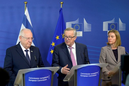 President of the European Union Commission Jean-Claude Juncker, center, President of Israel Reuven Rivlin, left, and European Union High Representative for Foreign Affairs and Security Policy Federica Mogherini following a meeting at the European Union Commission headquarter in Brussels, June 23, 2016. (AFP/THIERRY CHARLIER) President of the European Union Commission Jean-Claude Juncker, center, President of Israel Reuven Rivlin, left, and European Union High Representative for Foreign Affairs and Security Policy Federica Mogherini following a meeting at the European Union Commission headquarter in Brussels, June 23, 2016. (AFP/THIERRY CHARLIER)