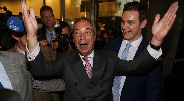 Leader of the United Kingdom Independence Party (UKIP), Nigel Farage reacts outside the Leave.EU referendum party at Millbank Tower in central London on June 24, 2016, as results indicate that it looks likely the UK will leave the European Union (EU). (AFP PHOTO / GEOFF CADDICK) Leader of the United Kingdom Independence Party (UKIP), Nigel Farage reacts outside the Leave.EU referendum party at Millbank Tower in central London on June 24, 2016, as Brexit results came in. (EU). (AFP PHOTO / GEOFF CADDICK)