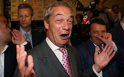 Leader of the United Kingdom Independence Party (UKIP), Nigel Farage reacts at the Leave.EU referendum party at Millbank Tower in central London on June 24, 2016, as results showed the UK would leave the European Union (AFP PHOTO / GEOFF CADDICK)