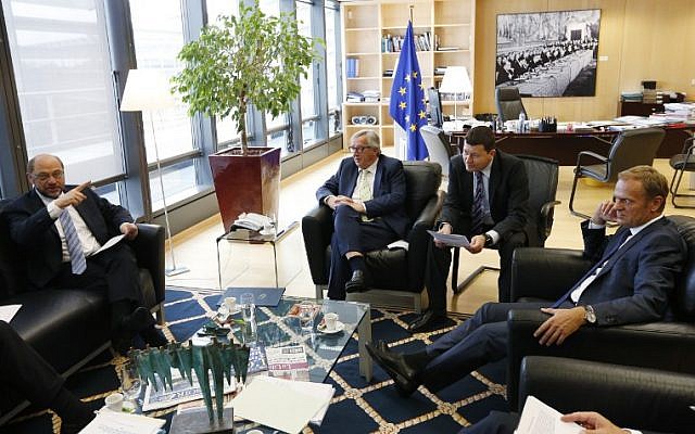 (From L) EU Parliament leader Martin Schulz, European Commission chief Jean-Claude Juncker, Juncker's Head of Cabinet, Martin Selmayr and President of the European Council, Donald Tusk are pictured during a meeting with the Dutch Prime Minister (not pictured) at the EU Headquarters in Brussels on June 24, 2016. (AFP PHOTO / POOL / FRANCOIS LENOIR)