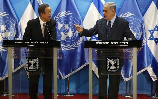 Israeli Prime Minister Benjamin Netanyahu, right, stands next to UN Secretary General Ban Ki-moon as they deliver statements in Jerusalem on June 28, 2016. (AFP/Pool/Ronen Zvulun) Israeli Prime Minister Benjamin Netanyahu, right, stands next to UN Secretary General Ban Ki-moon as they deliver statements in Jerusalem on June 28, 2016. (AFP/Pool/Ronen Zvulun)