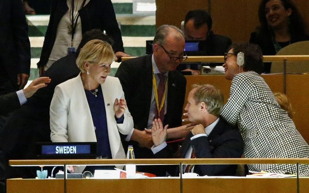 Swedish foreign minister Margot Wallstrsm, left, reacts after Sweden won a seat during the Election of five non-permanent members of the Security Council at the general assembly hall at the United Nations in New York on June 28, 2016. (AFP/KENA BETANCUR)