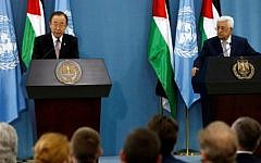 United Nations Secretary General Ban Ki-moon (L) and Palestinian Authority President Mahmoud Abbas give a joint press conference after a meeting on June 28, 2016 in the West Bank city of Ramallah. (ABBAS MOMANI/AFP)
