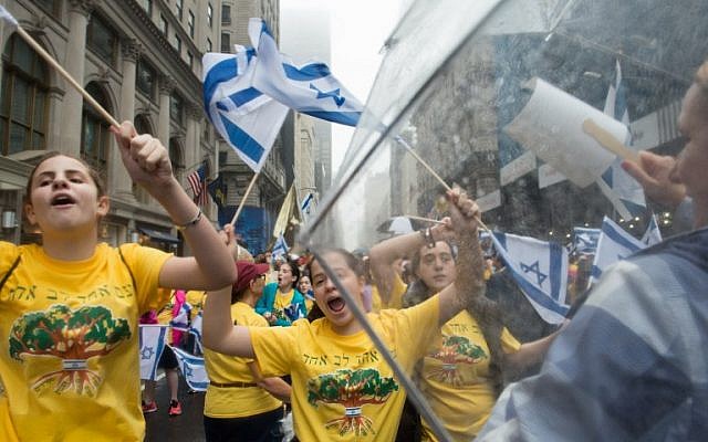 People participate in the Celebrate Israel Parade in the rain on June 5, 2016 in New York City (Stephanie Keith/Getty Images/AFP) People participate in the Celebrate Israel Parade in the rain on June 5, 2016 in New York City (Stephanie Keith/Getty Images/AFP)