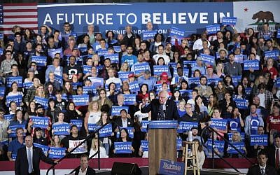 Democratic presidential candidate Senator Bernie Sanders speaks to supporters at an election-night rally in Santa Monica, California, June 7, 2016. (Scott Olson/Getty Images/AFP)