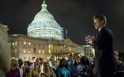 Rep. Joe Kennedy III (D-MA) speaks to supporters of House Democrats taking part in a sit-in on the House Chamber outside the U.S. Capitol on June 23, 2016. (Pete Marovich/Getty Images/AFP)