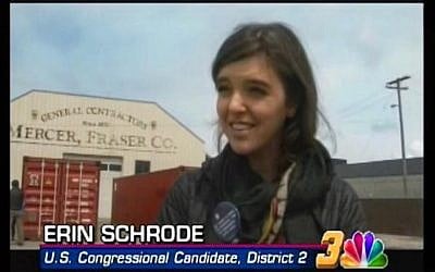 This photo dated April 26, 2016 shows Erin Schrode being interviewed by NBC News in Eureka, California, Humboldt County. The candidate spoke with them about homelessness and community activism in the district (facebook/Erin Schrode)
