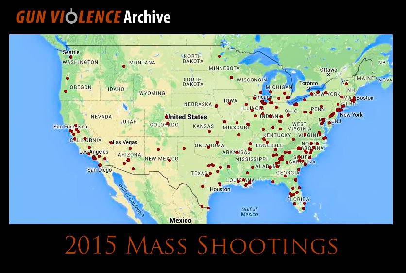 Clusters of 2015 mass shootings on a map of the United States from the Gun Violence Archive non-profit website (http://www.gunviolencearchive.org/) Clusters of 2015 mass shootings on a map of the United States from the Gun Violence Archive non-profit website (http://www.gunviolencearchive.org/)