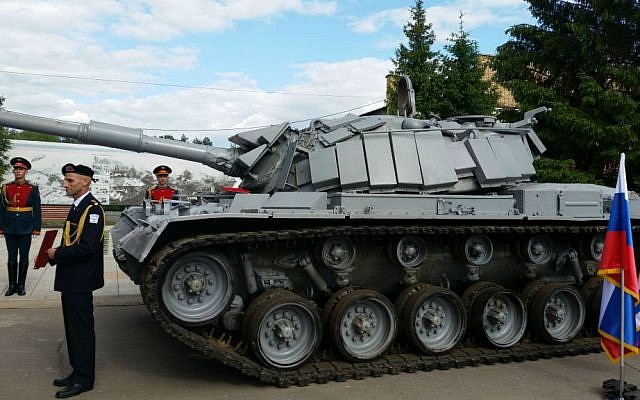 IDF tank captured by Syrian forces in 1982, returned by Russia on June 8, 2016. (Raphael Ahren/Times of Israel)