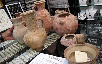 Thousands-of-years old jugs found on sale in Jerusalem's upscale Mamilla Mall on June 15, 2016. (Courtesy: Israel Antiquities Authority)