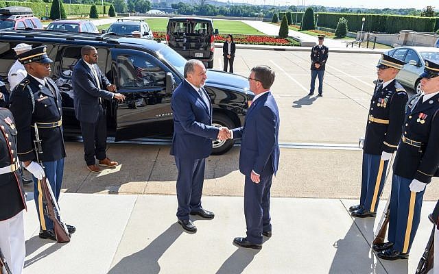 Israeli Defense Minister Avigdor Liberman shakes hands with US Secretary of Defense Ashton Carter in Washington, DC, on June 20, 2016. (Department of Defense/US Army Sgt. First Class Clydell Kinchen) Israeli Defense Minister Avigdor Liberman shakes hands with US Secretary of Defense Ashton Carter in Washington, DC, on June 20, 2016. (Department of Defense/US Army Sgt. First Class Clydell Kinchen)