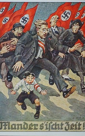 Unknown artist, Mander s’ischt Zeit! (It’s Time Folks!), 1938. Postcard. (The Museum of World War II, Boston/New-York Historical Society)