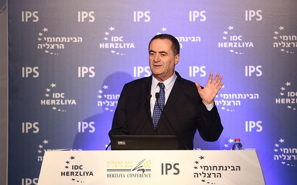 Intelligence Minister Yisrael Katz addresses the Herzliya Conference on Thursday, June 16, 2016 (Adi Cohen Zedek)