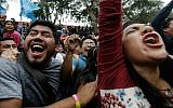 Supporters of presidential candidate Pedro Pablo Kuczynski celebrate in Lima, Peru, Sunday, June 5, 2016. (AP Photo/Martin Mejia)