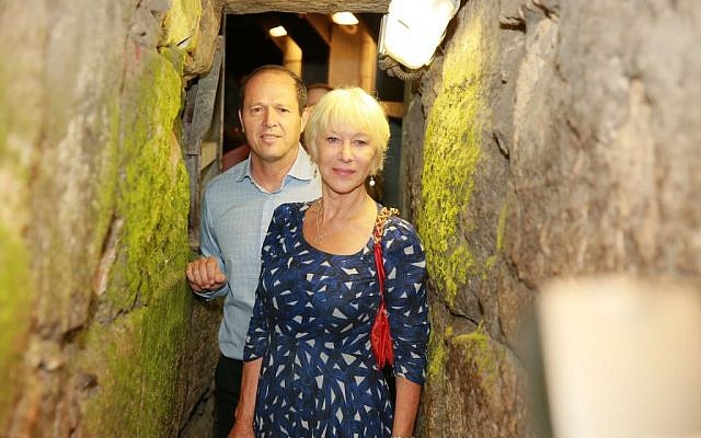 Helen Mirren tours Jerusalem with Mayor Nir Barkat, June 22, 2016. (Arnon Busani)