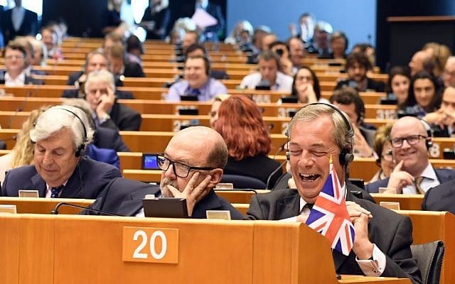 Leader of the UKIP Nigel Farage, front right, attends a special session of European Parliament in Brussels on Tuesday, June 28, 2016. (AP/Geert Vanden Wijngaert)
