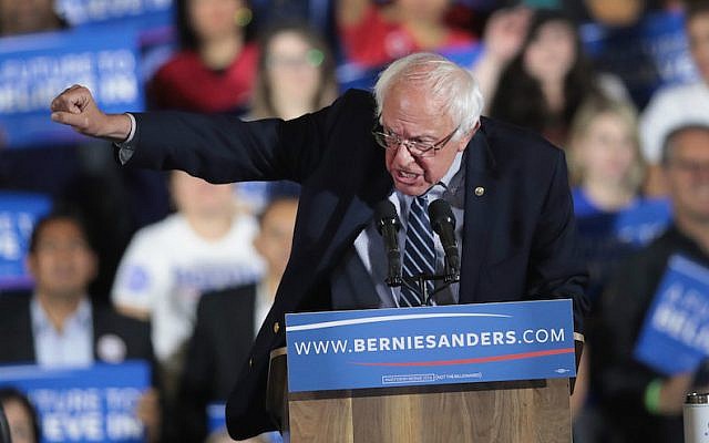 Bernie Sanders, D-Vermont, speaking to supporters at an election-night rally in Santa Monica, California, June 7, 2016. (Scott Olson/Getty Images via JTA)