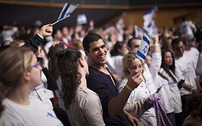 Young Jewish adults from all over the world participating in the Taglit Birthright program celebrate 10 years of Birthright at an event held at the International Conference Center in Jerusalem. (Photo by Yonatan Sindel/Flash90)