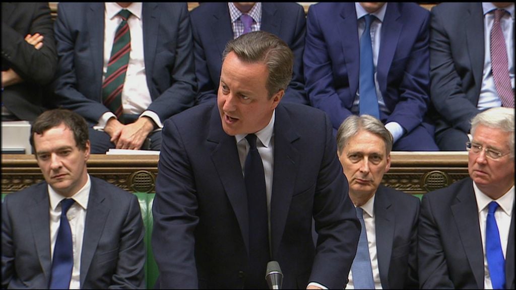 In this image taken from the Parliamentary Recording Unit, Britain's Prime Minister David Cameron addresses the House of Commons in London, Monday June 27, 2016, regarding the result of the referendum vote on leaving the EU which took place Thursday. (Parliamentary Recording Unit via AP)