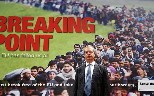In this June 16, 2016 file photo, Leader of the UK Independence Party Nigel Farage poses for the media in front of an EU referendum campaign poster in London. (Philip Toscano/PA via AP) In this June 16, 2016 file photo, Leader of the UK Independence Party Nigel Farage poses for the media in front of an EU referendum campaign poster in London. (Philip Toscano/PA via AP)
