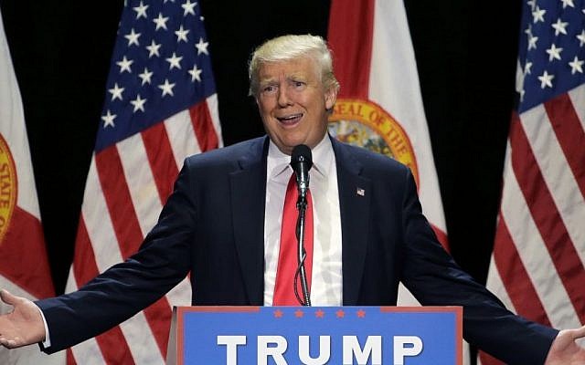 Republican presidential candidate Donald Trump gesturing during a campaign speech in Tampa, Florida, June 11, 2016. (AP/Chris O'Meara, File) Republican presidential candidate Donald Trump gesturing during a campaign speech in Tampa, Florida, June 11, 2016. (AP/Chris O'Meara, File)